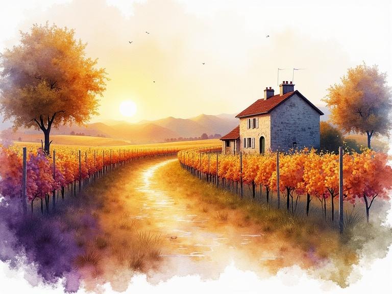Artwork blending watercolor styles creating a picturesque vineyard scene in autumn sun with cottage and glowing grapes.