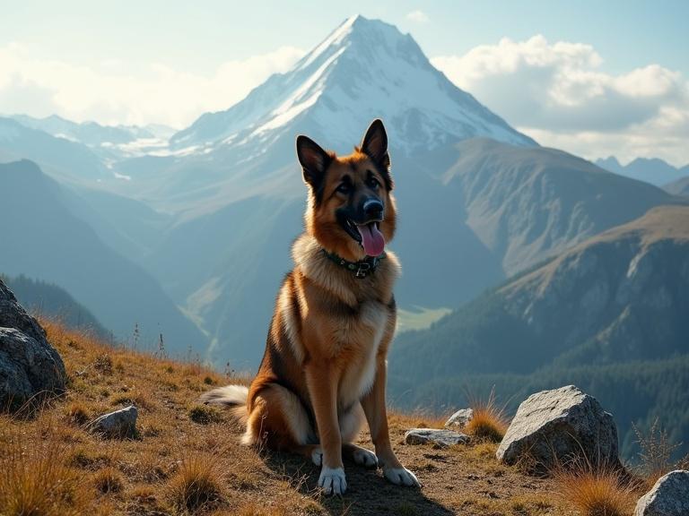 A large, fluffy dog sits proudly on a grassy hilltop. The backdrop showcases majestic mountains with a snow-capped peak. Clear blue skies and soft clouds add to the tranquil scenery.