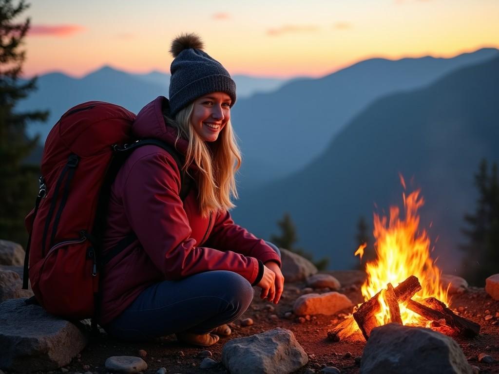 A young woman sitting beside a campfire on a mountain, wearing a beanie and a backpack, during a sunset, smiling at the camera.