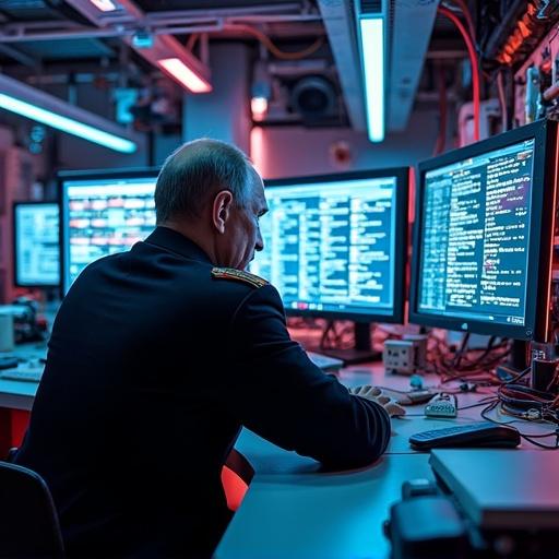 Interior of a high-tech military command center filled with numerous LED LCD monitors and advanced computing technology. A figure in a military uniform is focused amidst glowing neon wires and sophisticated gadgets.