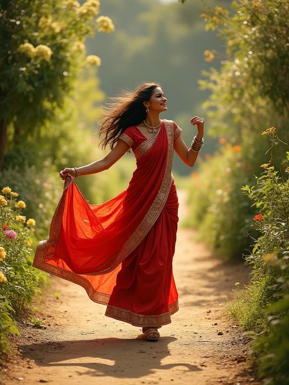 Woman dances joyfully through garden path. Sari flows with each graceful twirl. Natural sunlight enhances the scene. Vibrant flowers line the path.