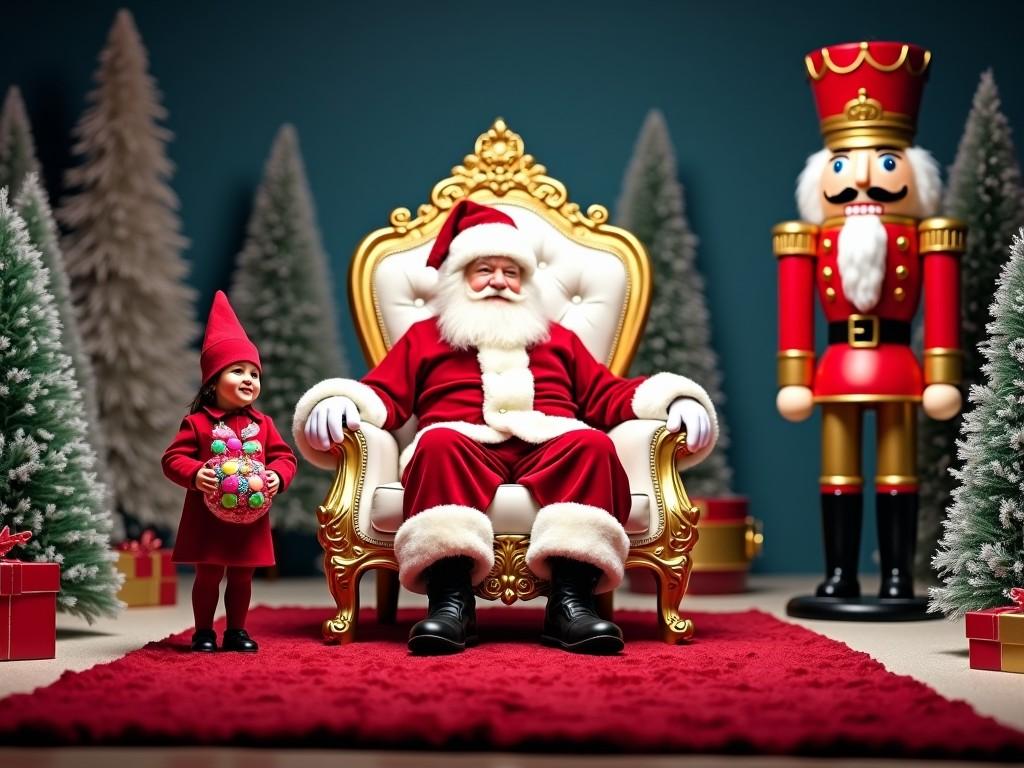 The image depicts a festive Christmas scene with Santa Claus seated on a luxurious golden throne. A cheerful child stands beside him, clad in a red outfit, holding a colorful candy-themed item. Next to them is a tall nutcracker figure, adding a classic holiday touch. The background is adorned with faux snow-covered trees, enhancing the wintery atmosphere. Presents are scattered around, emphasizing the spirit of giving during the holidays. This warm, inviting setup is perfect for evoking Christmas cheer.