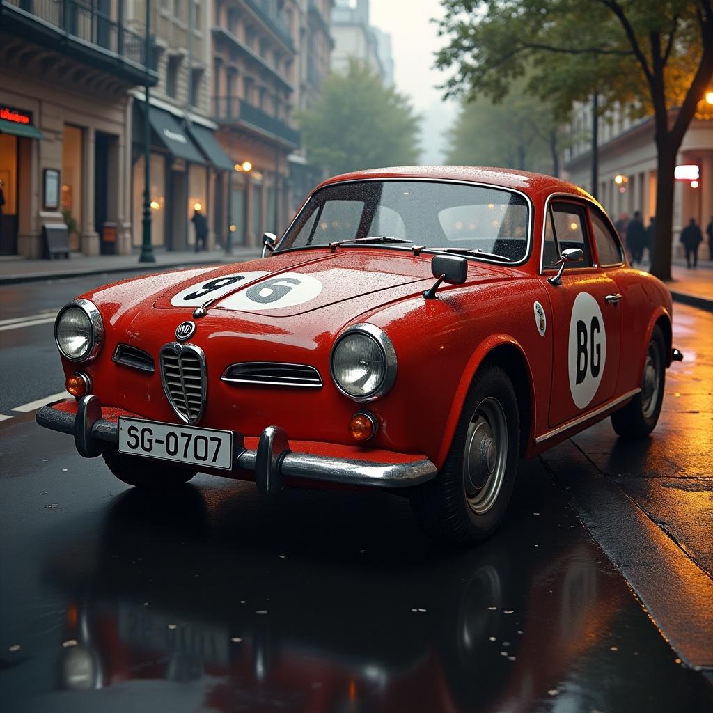 Classic vintage sports car parked on a urban street. Wet pavement reflects the car's vibrant red color. Soft ambient light creates a nostalgic atmosphere.