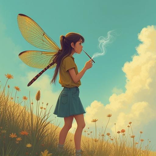 A girl stands in a field of flowers. She holds a cigarette. Dragonfly wings are attached to her back. The sky is blue with fluffy clouds. A sense of fantasy and freedom is in the air.