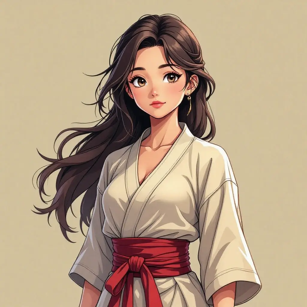 Young female character with light skin tone and long dark hair partially tied back. She wears martial arts uniform in soft earth tones. Character has calm determination and graceful posture. Anime-style artwork with vibrant colors.