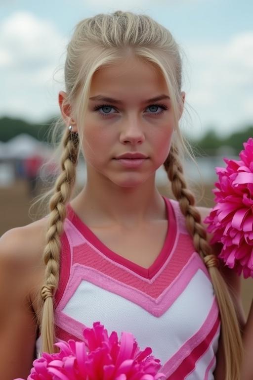 Attractive young woman with long blonde hair styled in two ponytails. Intense blue eyes. Wearing a pink and white cheerleader uniform. Holding pink pom poms. Cheering at a rodeo event.