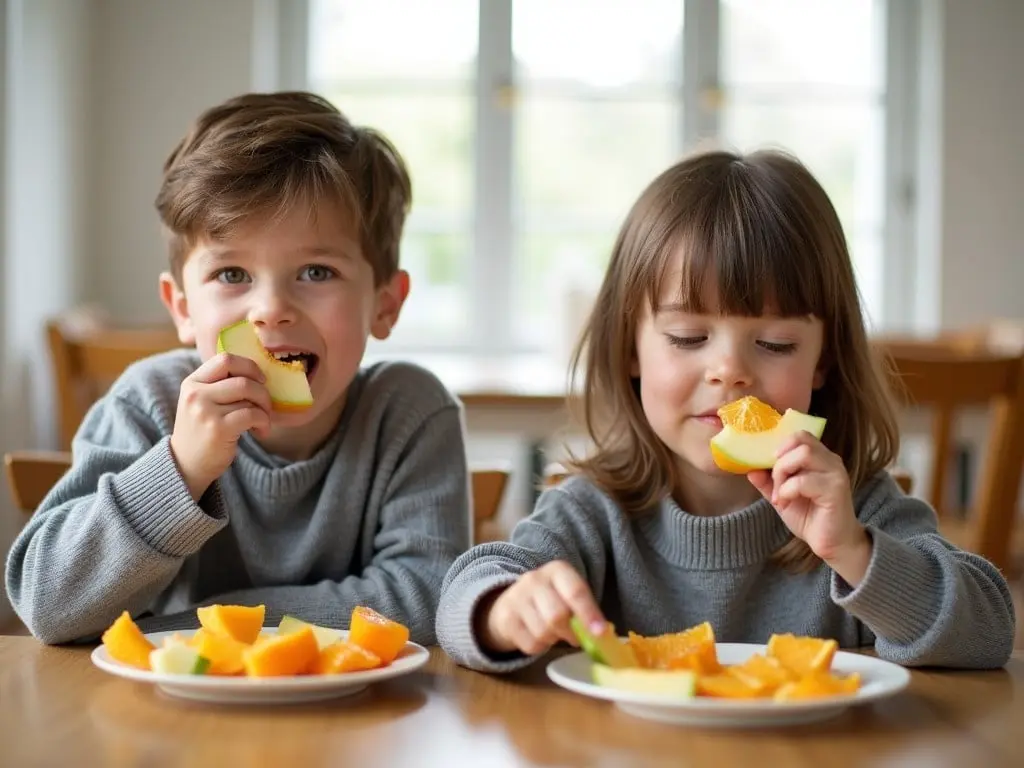 This image shows two children sitting at a table, enjoying a snack of fruit. Both kids are wearing casual gray sweaters. The boy on the left is holding a piece of fruit close to his mouth, likely a slice of melon, while a plate with more fruit sits in front of him. His plate contains several slices of melon and pieces of orange. The girl on the right also has a plate with similar fruit, and she is holding a slice of melon. The background includes wooden furniture and a large window that lets in natural light, creating a warm and inviting atmosphere.