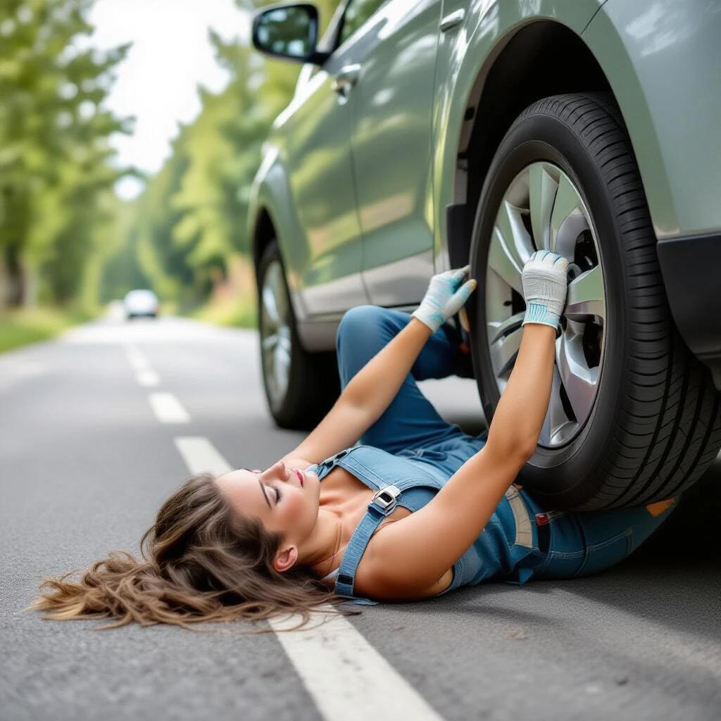 A woman is lying on her back working on a vehicle with a flat tire. She is in a blue outfit and is positioned horizontally on the road. The car is green and parked on the side of the road.
