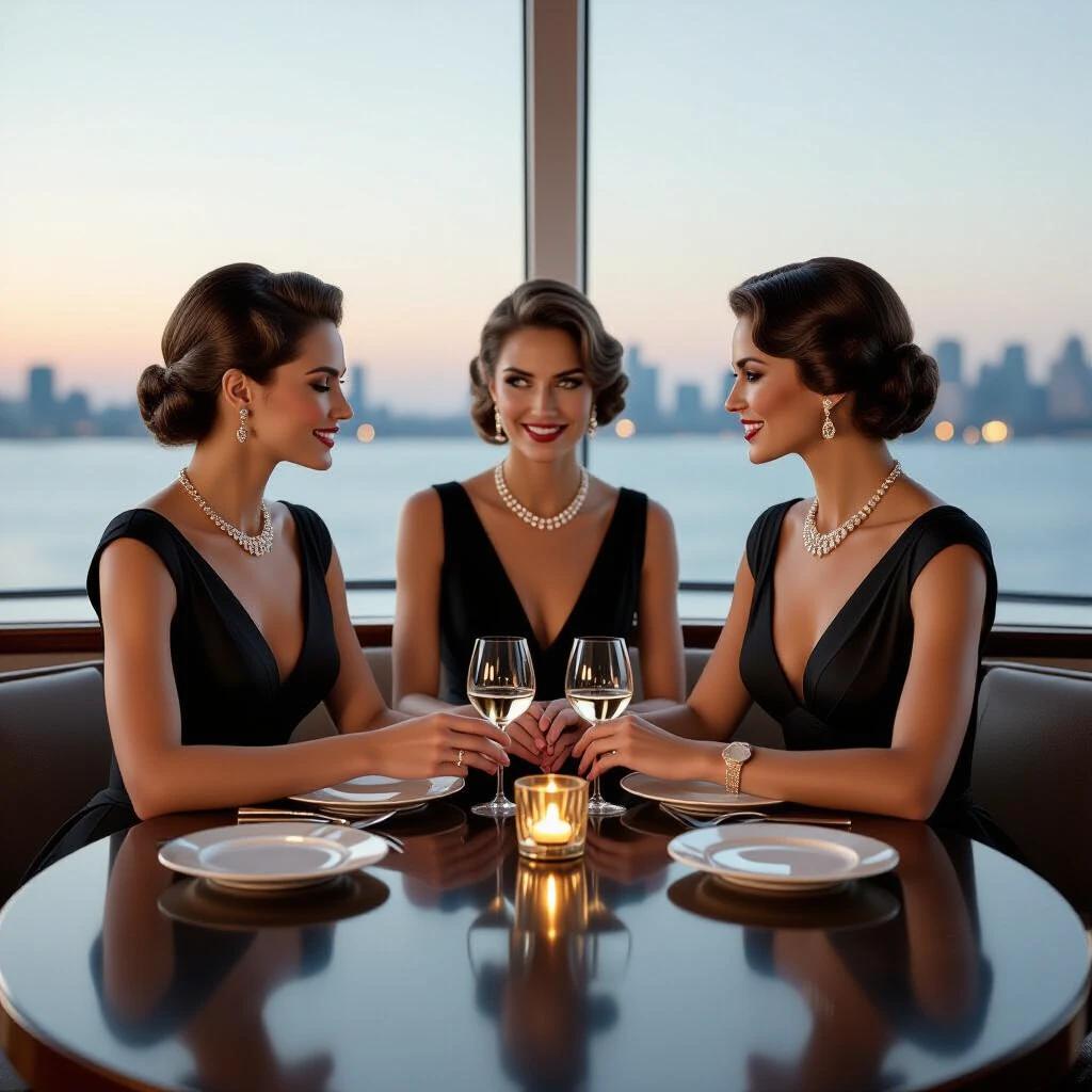 Scene on the upper deck of a transatlantic ship in 1925 featuring three elegant women at a round table with macassar ebony.