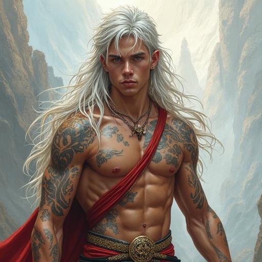 Illustrated drawing of a young man with tanned skin long silver hair and beast horns in a fantasy world.