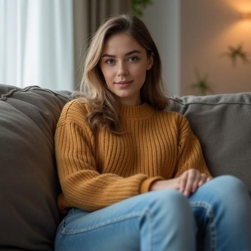 A young woman is sitting comfortably on a couch. She wears a cozy sweater and jeans. Soft natural light fills the room. Plants are in the background.