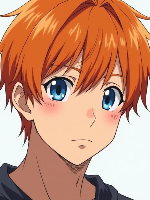 A young male anime character with orange hair and blue eyes. Expression is calm with blush on cheeks. Medium-length messy hair in an anime style. Simple background highlights character features.