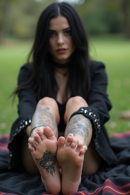 Image shows mature goth woman with long black hair. Woman displays tattooed soles of bare feet while sitting on blanket outdoors.