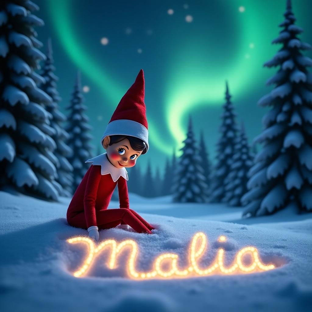 Animated elf in red outfit sitting in snow writing name Malia in illuminated cursive. Background features vibrant northern lights and snow-covered pine trees.