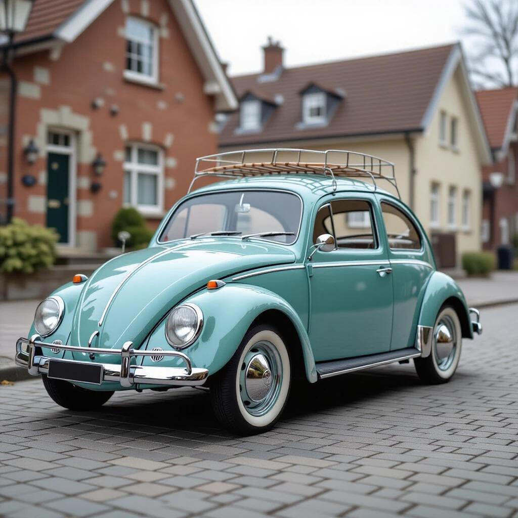 Ultra-sharp archival photograph of a 1950s Volkswagen Beetle in pristine time-capsule condition. Car is shown in a low-angle side profile. The background is pure white. Clinical LED lighting is used without shadows. Focus-stacked photo captures fine details like paint texture and steering wheel grain.