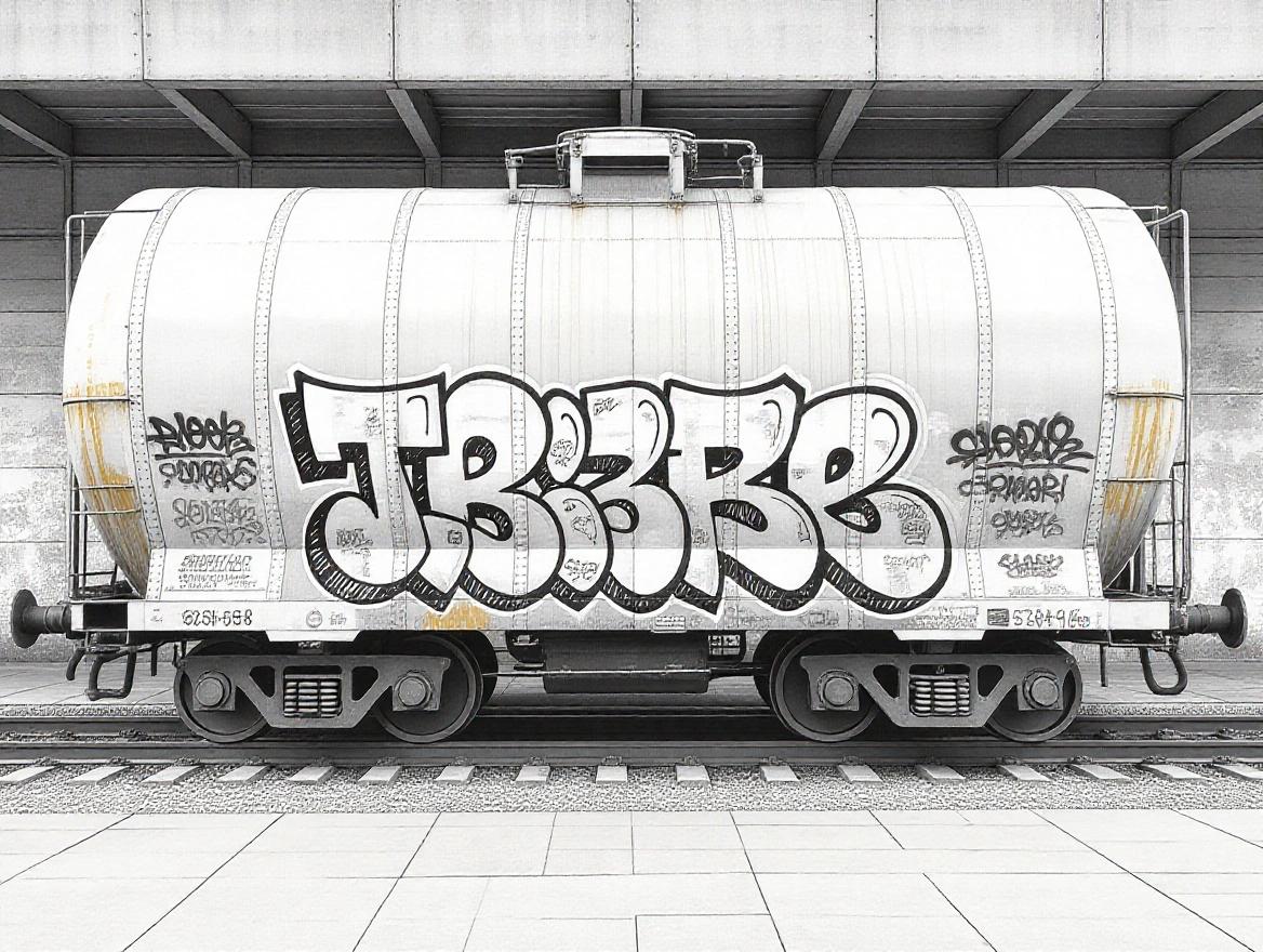 Black and white sketch-style page designed for graffiti practice. Features a realistic side view of a train car. The car surface is large and unmarked, suitable for graffiti. Includes urban texture details like metal and bolts. Created in a pencil or ink sketch style, vertical layout for artists. Intended for artists to freely draw graffiti.