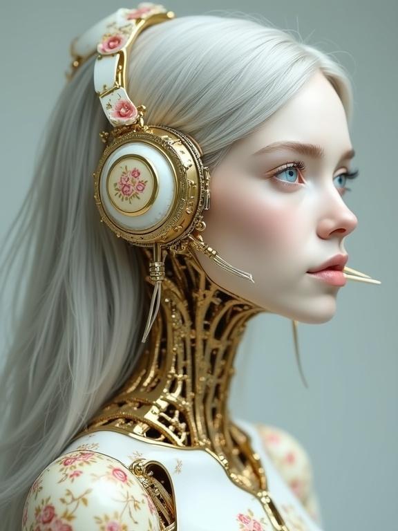 Elegant female figure with long light-grey hair in profile view. Features detailed mechanical augmentations. Gold and porcelain adornments along neck and face with floral patterns. Expressive blue eyes gazing to the side. Soft light enhances design details. Romantic atmosphere with a blend of realism and mechanical elements.