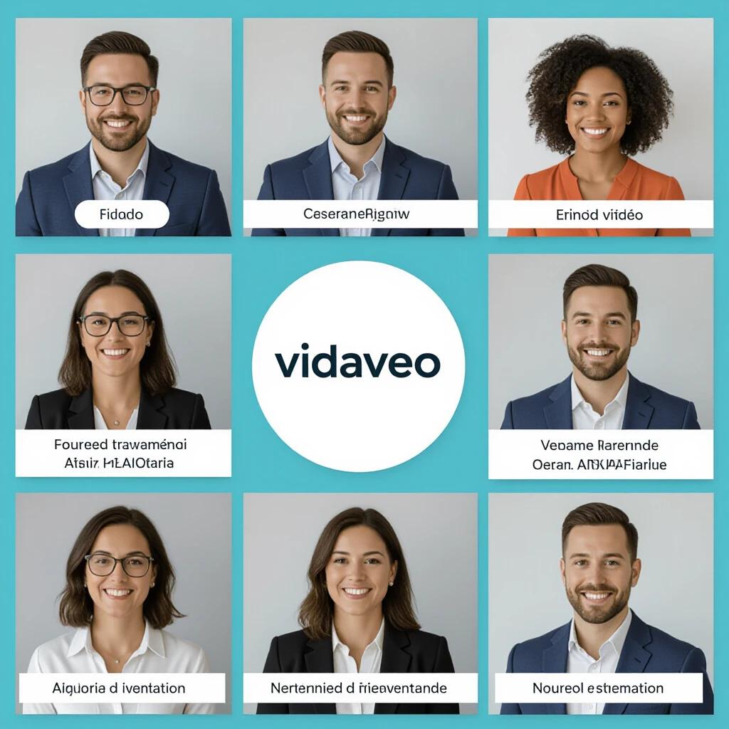 Project for the vidaveo channel. Features a grid layout with individual portraits of team members and a prominent logo. Each portrait showcases a professional appearance in a well-lit setting.