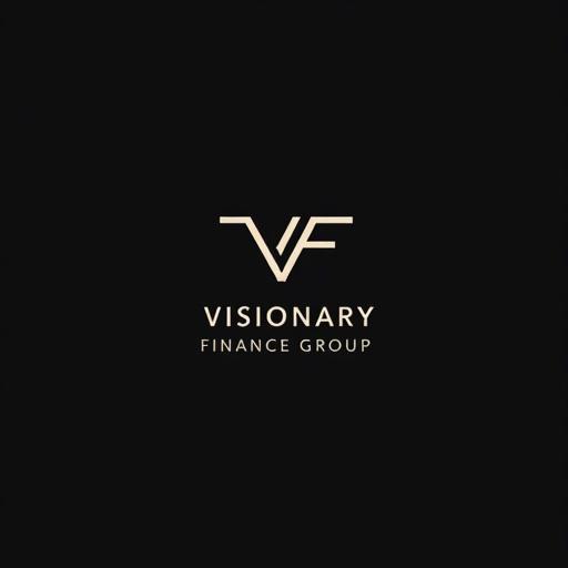 Minimalistic luxury logo designed for Visionary Finance Group. A geometric monogram combines letters V, F, and G into an abstract symbol. Color palette features black and gray. Text is in clean sans-serif font, modern, elegant, and professional style.