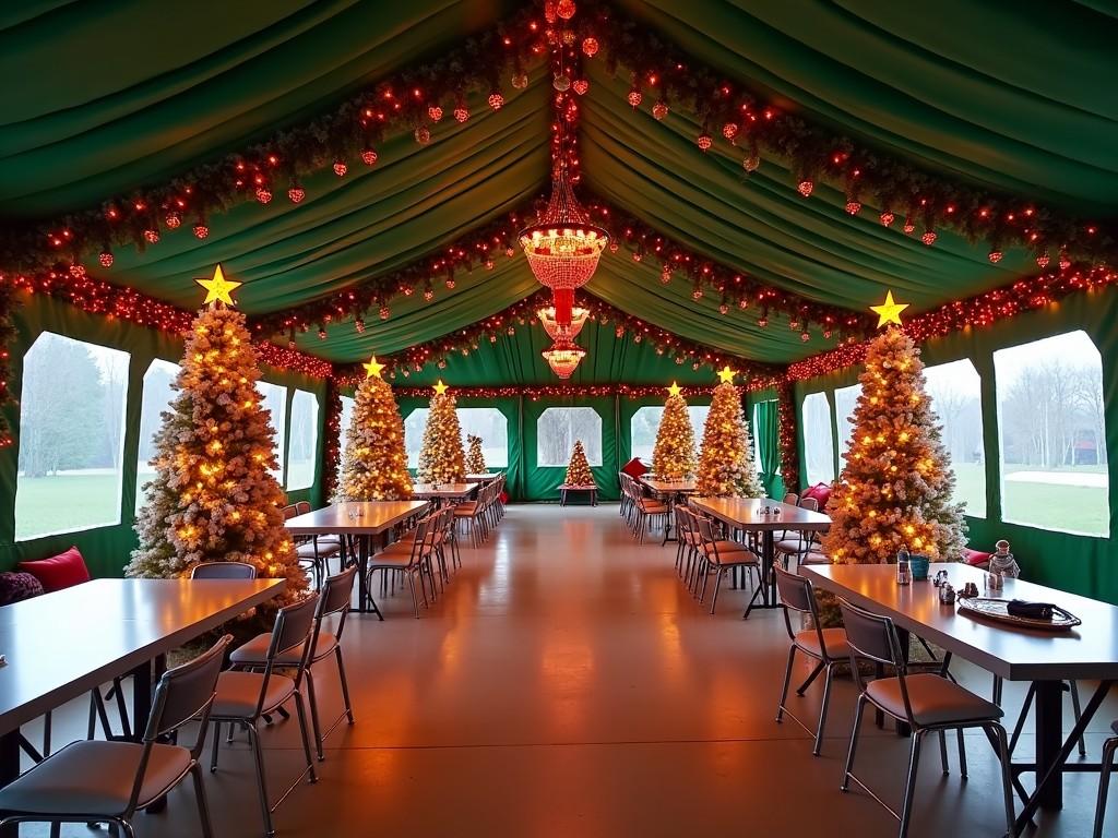 The image features a festive event space decorated for Christmas. A large, green tent is adorned with bright red and golden decorations, creating a warm atmosphere. Multiple Christmas trees, illuminated and beautifully decorated, line the sides of the tent. In the center hangs a grand chandelier, enhancing the festive environment. Tables are set up down the middle, prepared for guests. The lighting creates a cozy, inviting ambiance ideal for holiday gatherings.