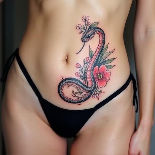 Tattoo on a belly featuring a snakehead and flowers. Snake extends towards a flower on the lower abdomen. The design consists of small pink blue and white flowers and green foliage. Curved lines connect from hips to the abdomen.