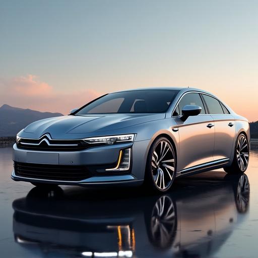 Citroen C6 model from 2026. E-segment sedan with 19 inch alloy wheels. Built on STLA Large platform. Design inspired by Citroen Metropolis concept. The car is positioned in a scenic setting with reflective surface.