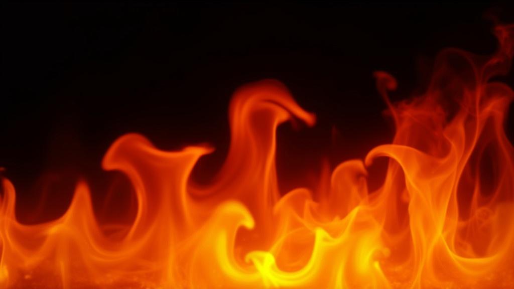 Image shows bright orange-yellow flames on a dark background. Flames display vivid dynamic shapes. Contrast highlights intensity and movement of fire.