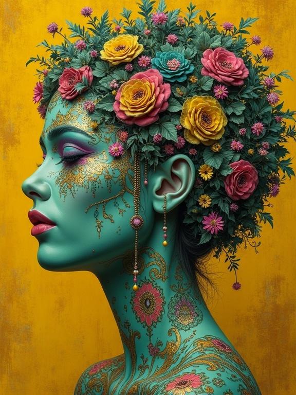 Create a surreal whimsical portrait featuring a woman with floral hair in shades of green and magenta against a contrasting yellow and burnt sienna background. Include intricate details and hyperrealism in the composition.
