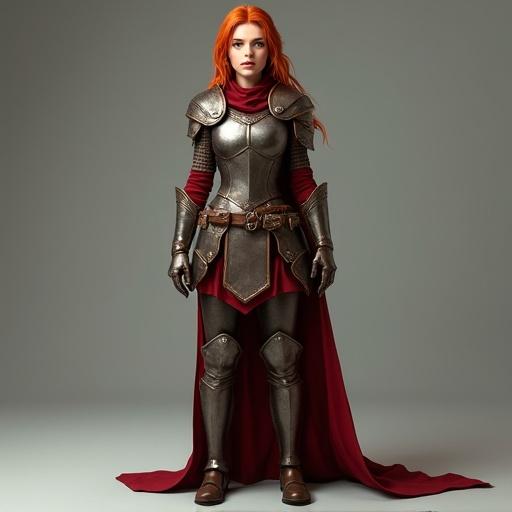 Character is a female elf warrior. Armor is silver and detailed with golden accents. Fiery red hair flows down. Character stands in an A pose with arms extended. Wearing leather boots with steel shins. Inspired by Pixar style.