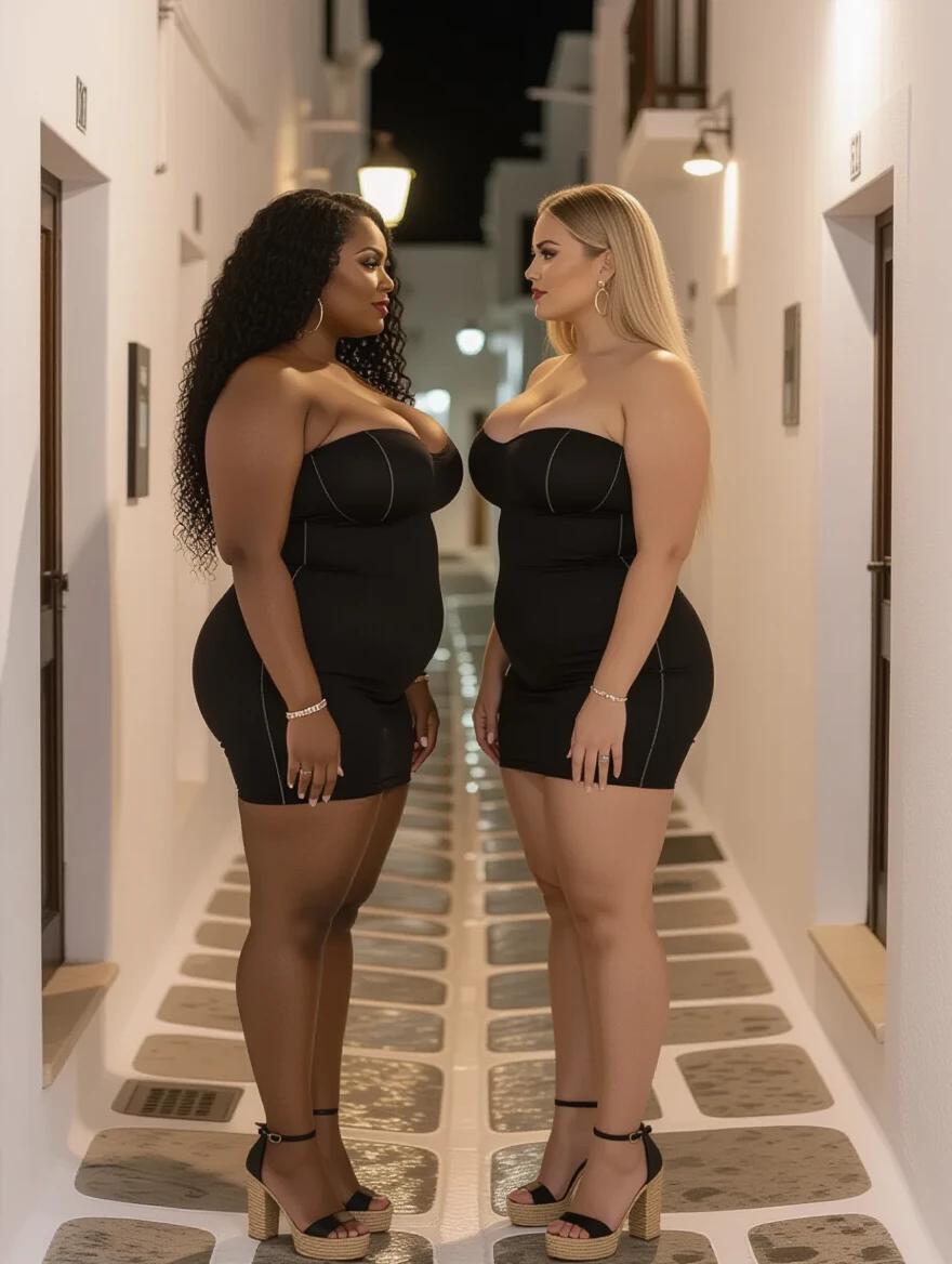 Two women in a narrow Mykonos alley at night. One has black curly hair; the other has straight blonde hair. Both wear black strapless dresses and espadrille heels. They face each other, their bodies touching, in a charming setting.