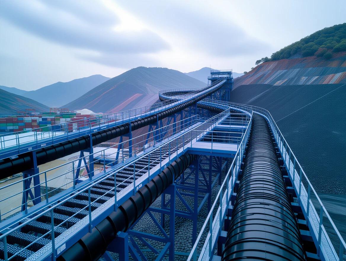 Photograph of an industrial tubular conveyor system. The image is taken from a low angle. The setting is during the day with natural lighting. Black tubular conveyor system is on a blue-painted steel structure. Walkways and railings are visible. The conveyor runs down a mountainside to a storage yard. The conveyor curves along its descent. The foreground shows sharp details of support structures. A humid, mountainous tropical rainforest is in the background. The sky is overcast with gray and white clouds.