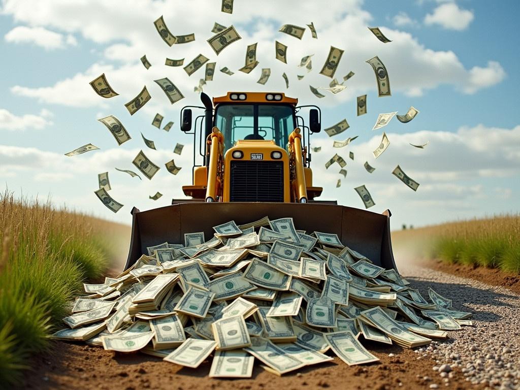 A bulldozer is at the center of the image, with its blade in front and tilted down towards the ground. The scene is set outdoors on a bright, cloudy day, with a grassy area on one side and a gravel path on the other. Instead of dirt, the bulldozer is pushing a massive pile of money, with numerous dollar bills flying in the air and scattered around. The money is a mixture of various denominations, including hundreds, fifties, and smaller bills. The overall atmosphere suggests a whimsical or surreal situation where money is being transported like dirt.