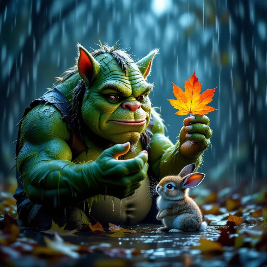 A kind-hearted ogre shelters a tiny bunny with a large autumn leaf. The setting is dark and rainy with vibrant colors. The scene conveys a sense of kindness among nature.