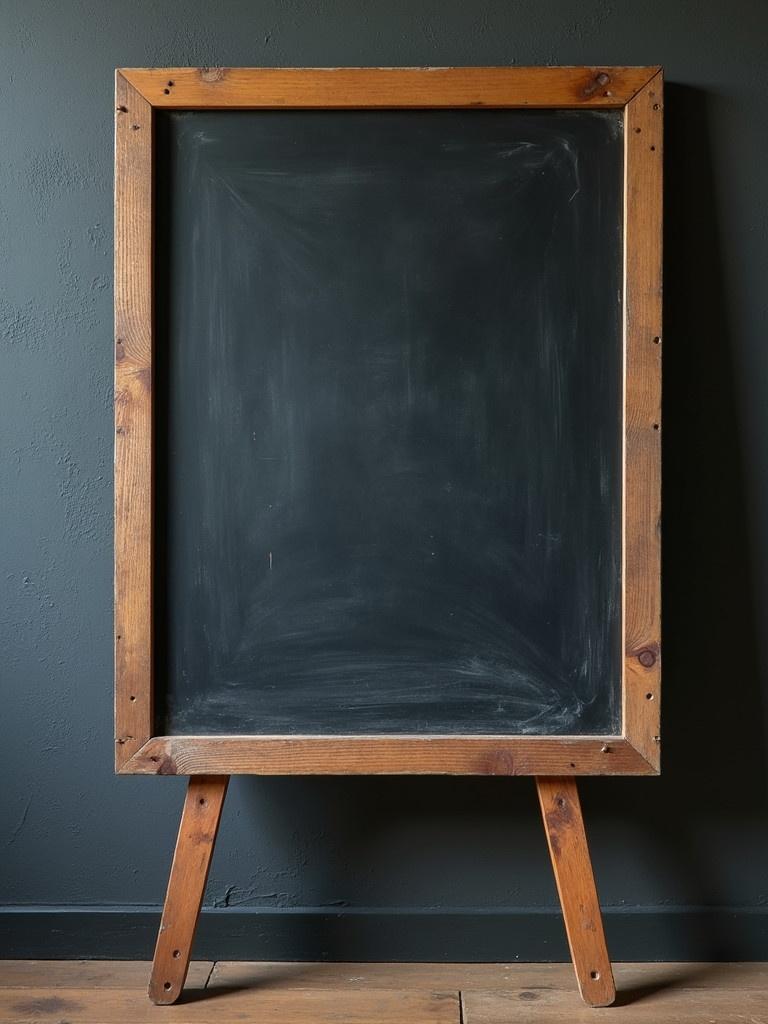 Chalkboard with a wooden frame. Blank surface for writing or drawing. Displayed against a dark wall. Simple and rustic design.