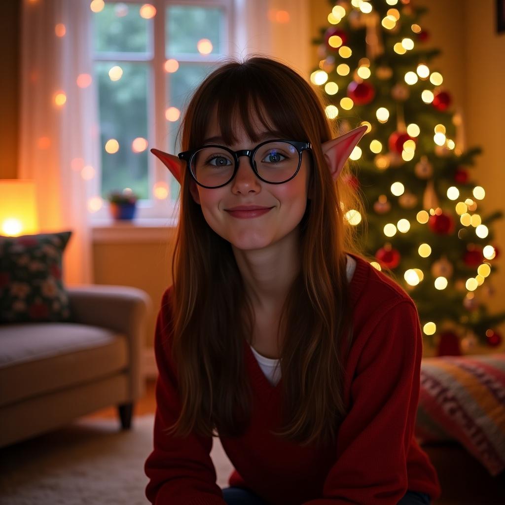 Elf girl with brown straight hair in a cozy living room. Wearing round glasses. Christmas tree in the background. Soft bokeh lights in the room.