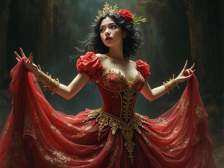 A magical girl in an ornate dress. Intricate textures and opulent fabrics. Highly theatrical pose. Anime-style eyes. Shadowy, fantastical setting. Intense emotion. Fusion of Baroque painting and anime.