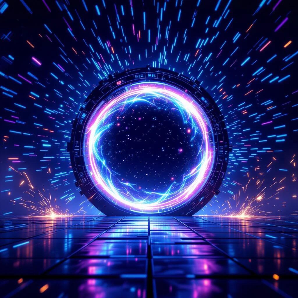 A sci-fi environment shows a portal. A vortex of glowing particles and light trails surrounds the portal. The portal hums with energy. Thousands of bright blue and purple particles swirl in concentric circles. The floor reflects the light. It adds metallic gleam. Sparks and thin plasma arcs crackle near the edges. The atmosphere feels charged and tense. It appears like a high-tech experiment about to reach critical mass.
