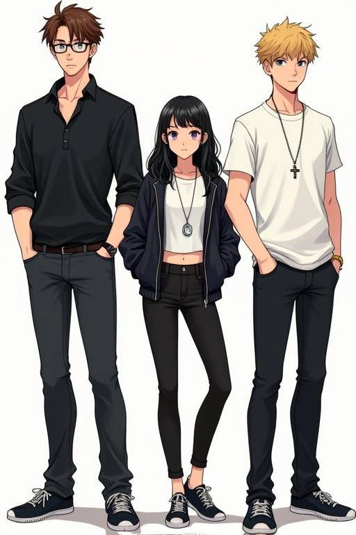 Three university students standing together. A tall boy with brown hair and glasses in black shirt and pants. A girl with black hair and purple eyes in white crop t-shirt and black leather jacket. A cute boy with blonde hair in white shirt and black pants. Full body in manhwa style.