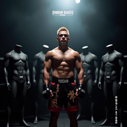 Realistic high-resolution photograph. Dark smoky MMA ring. Muscular male fighter stands confidently in center lit by spotlight. Short gold hair, defined muscles. Black-red Muay Thai shorts with gold Thai lettering. Black open-finger MMA gloves. Four matte black mannequins around him. Different combat gear displayed. Logo PANDAM KLASS × KEN at top. Japanese catchphrase at bottom right. Photographic lighting and textures, cinematic mood.