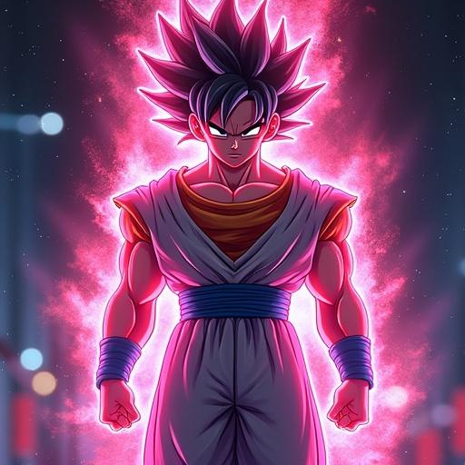 Goku with Super Saiyan transformation surrounded by a glowing neon aura. Background reflects 90s retro style with a vaporwave aesthetic. Image is ultra realistic with intricate details and sharp focus, designed for a t-shirt.