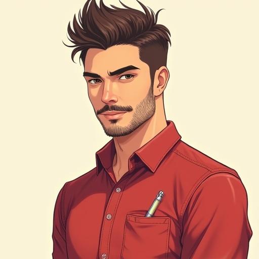 Anime-style portrait of a handsome young man. He has spiky well-groomed hair. He has medium-length beard and stylish mustache. He wears a red button-up shirt. A pen is visible in the shirt pocket. The mood is warm and friendly. Clean lines and soft shading are used.