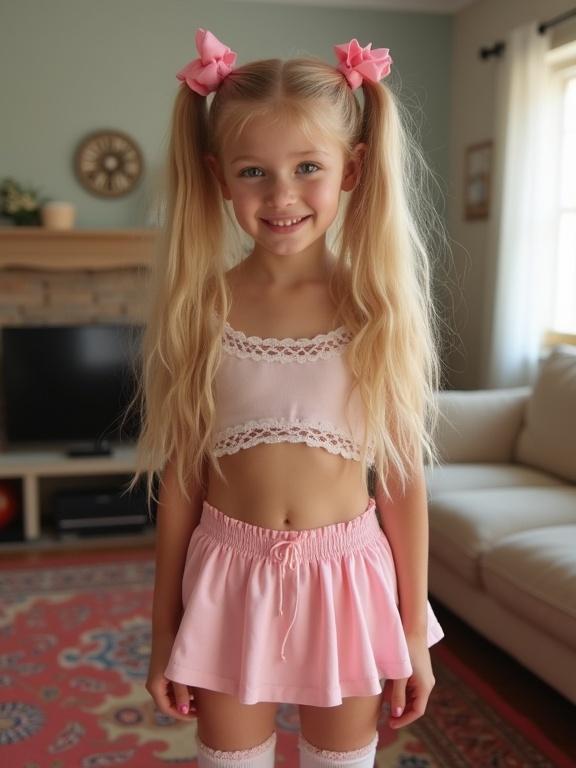 A young girl with long blonde hair in twin tails and pink bows stands in a living room. She is wearing a crop top and a very low-rise micro skirt with lace details. The setting features a colorful rug and bright room decor. The girl has a slim waist, a cheerful smile, and is in a relaxed pose at a birthday party.