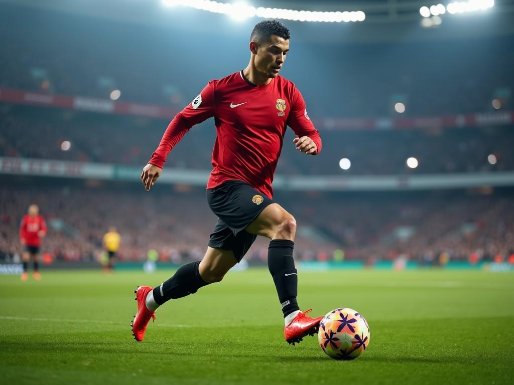 A soccer player in a red uniform skillfully dribbles the ball down the field during an intense game. The stadium lights illuminate the scene, highlighting both the athlete's focus and the energy of the crowd in the background. The image captures the excitement of the game, emphasizing movement and athleticism.