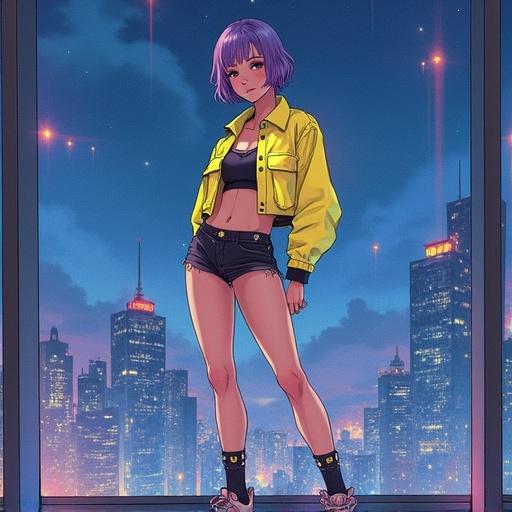 Watercolor art of a young woman with violet hair in a crop cargo jacket and sport shorts. She stands in front of a large window with a city view at night. The city is glowing with bright lights.