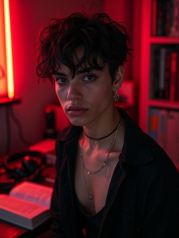 Realistic portrait of a non-binary person with gender-fluid style and Mediterranean features. Eclectic and sensual look. Short tousled dark hair with color streaks. Expressive brows and subtle eyeliner. Wearing layered textures like a loose black shirt over a mesh tank. Olive-toned skin with a sly expression. Background shows a cluttered room with red neon light, tangled headphones, and open books. Low intimate lighting with cinematic glow. Shot on Sony A7R V with 85mm f/1.2 lens in Cinestill 800T film style.