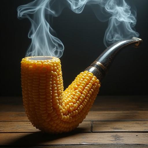 Corn pipe made from corn kernels with smoke coming out. Styled as a vintage smoking pipe. Unique artistic item.