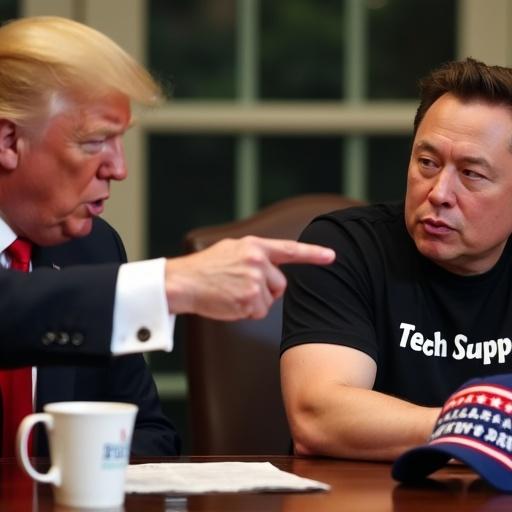 Donald Trump points angrily at Elon Musk during a cabinet meeting. Musk wears a Tech Support shirt. A MAGA hat rests on the table. A shattered coffee cup lies on the floor. Both have tense facial expressions.