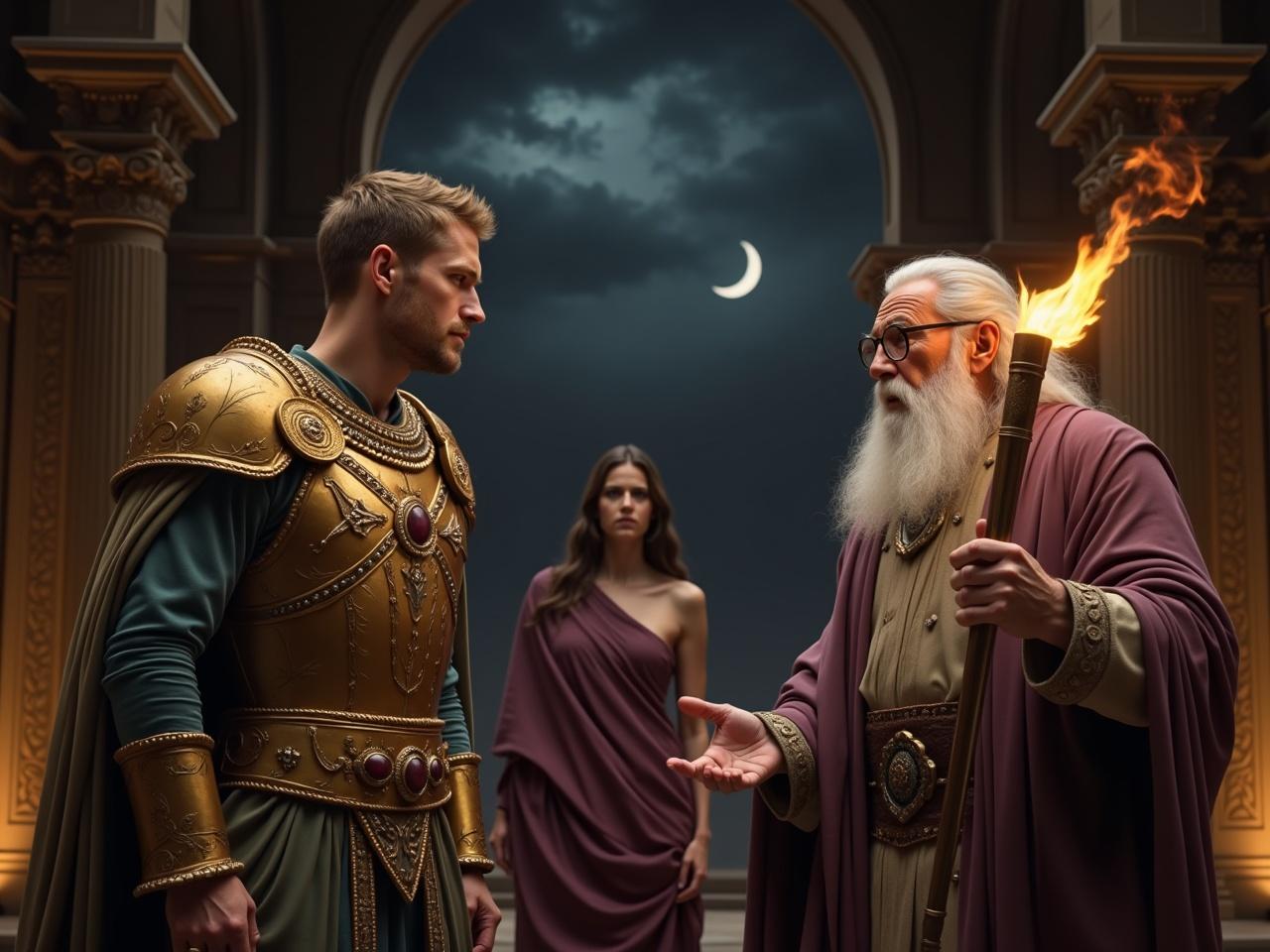 The scene depicts a grand interior with opulent architecture and a dark, atmospheric sky outside. In the foreground, two male figures are engaged in conversation. One is a majestic king dressed in ornate golden armor with jewels, exuding authority and strength. The other is an elderly sage holding a torch, dressed in traditional robes, with a long white beard that signifies wisdom. In the background, a beautiful woman draped in a purple garment appears to listen intently. The ambiance is serious, hinting at a significant discussion between them.