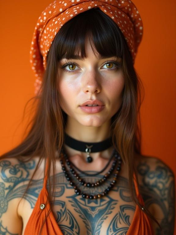 Woman with brown hair and bangs wears orange patterned headscarf and black choker. She has beaded necklace showing ornate tribal tattoos on her chest and shoulder. Background is orange. She faces viewer with a neutral expression. Studio photography style.