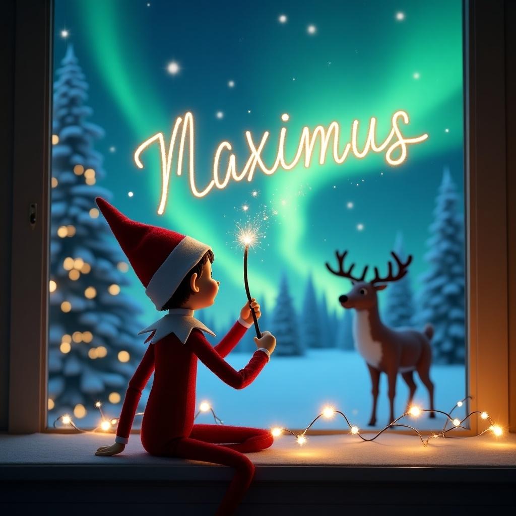 The scene depicts an elf on the shelf with his back to the viewer, gazing out the window. He holds a magical wand, writing the name 'Maximus' in the sky. The background showcases a breathtaking view of the northern lights shimmering in the night sky. In the distance, Rudolph the reindeer can be seen, adding to the enchanting atmosphere. The setting is cozy and festive, decorated with twinkling lights and snow-covered trees, creating a magical Christmas ambiance.